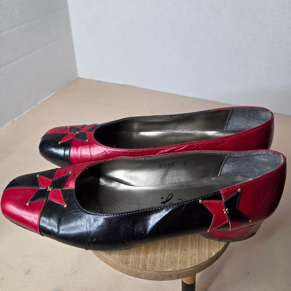 Vintage Margaret J Red Black Leather Star Studded Block Heel Pumps 2836 7M - Picture 7 of 11